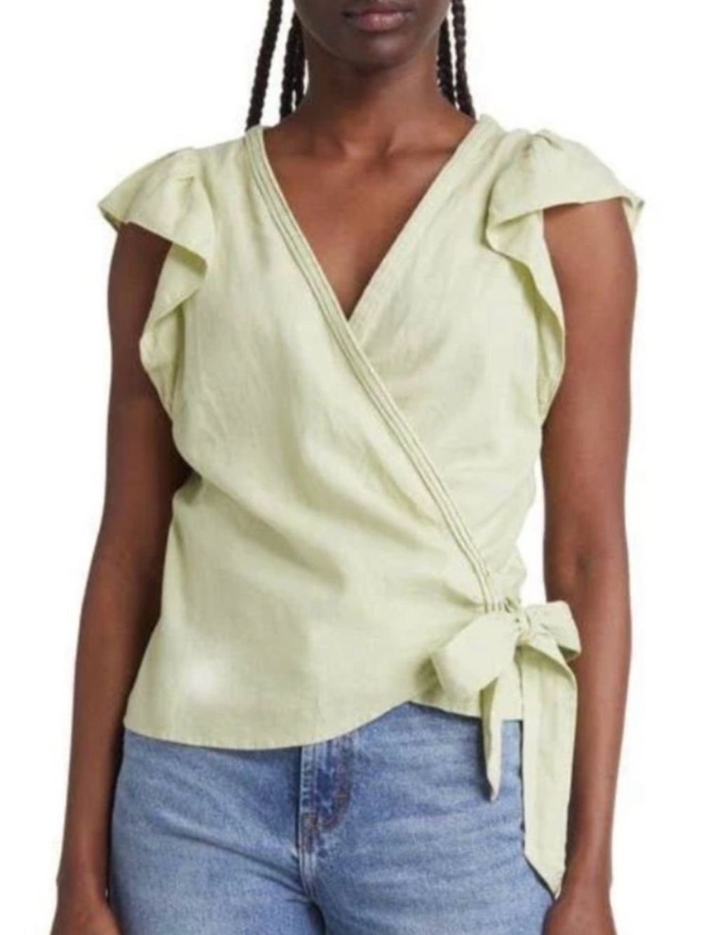 Madewell Linen Blend Flutter Sleeve Wrap Top In Light Green Size L